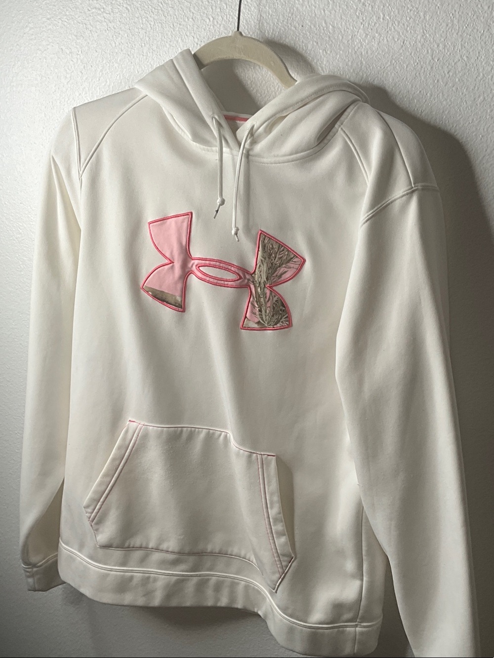 Under Armour Cream Hoodie with Pink-Trim Camo Logo